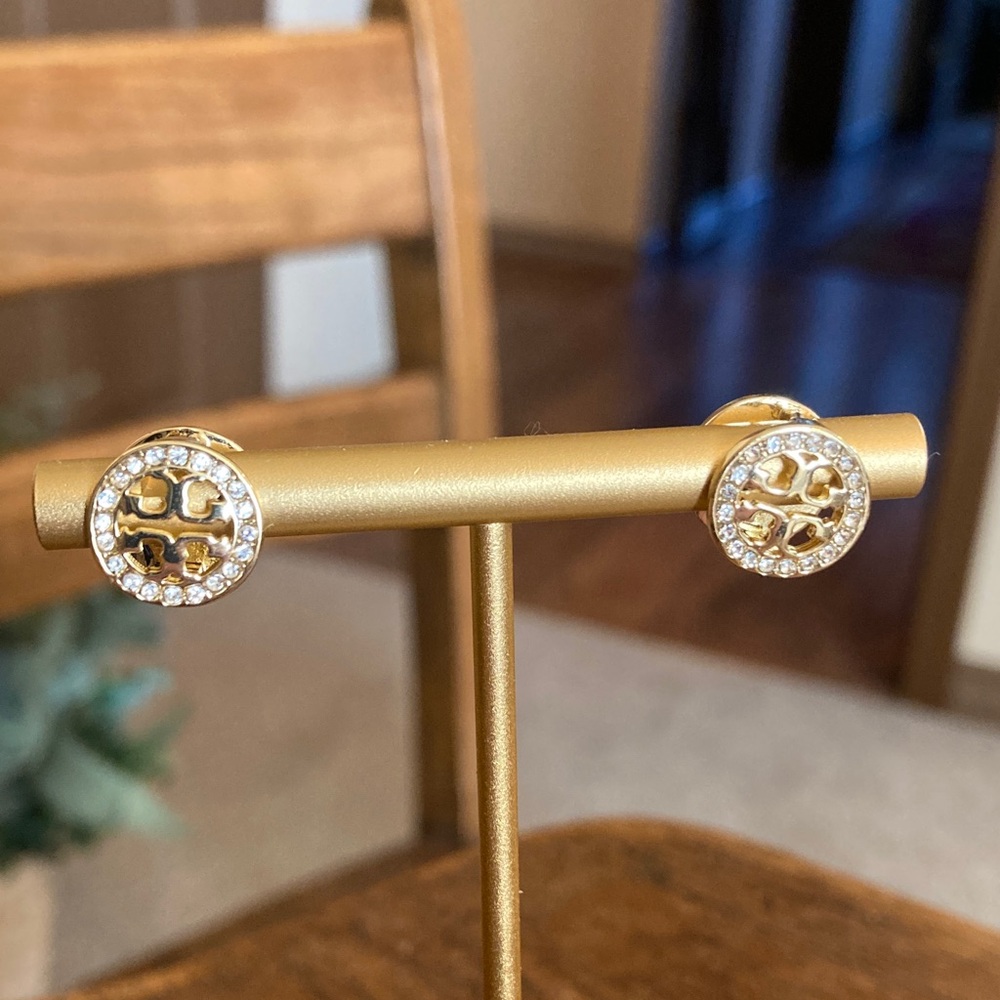 Tory Burch Reversible Black Enamel/Gold Tone w/Crystals Earrings NWOT - Picture 4 of 7